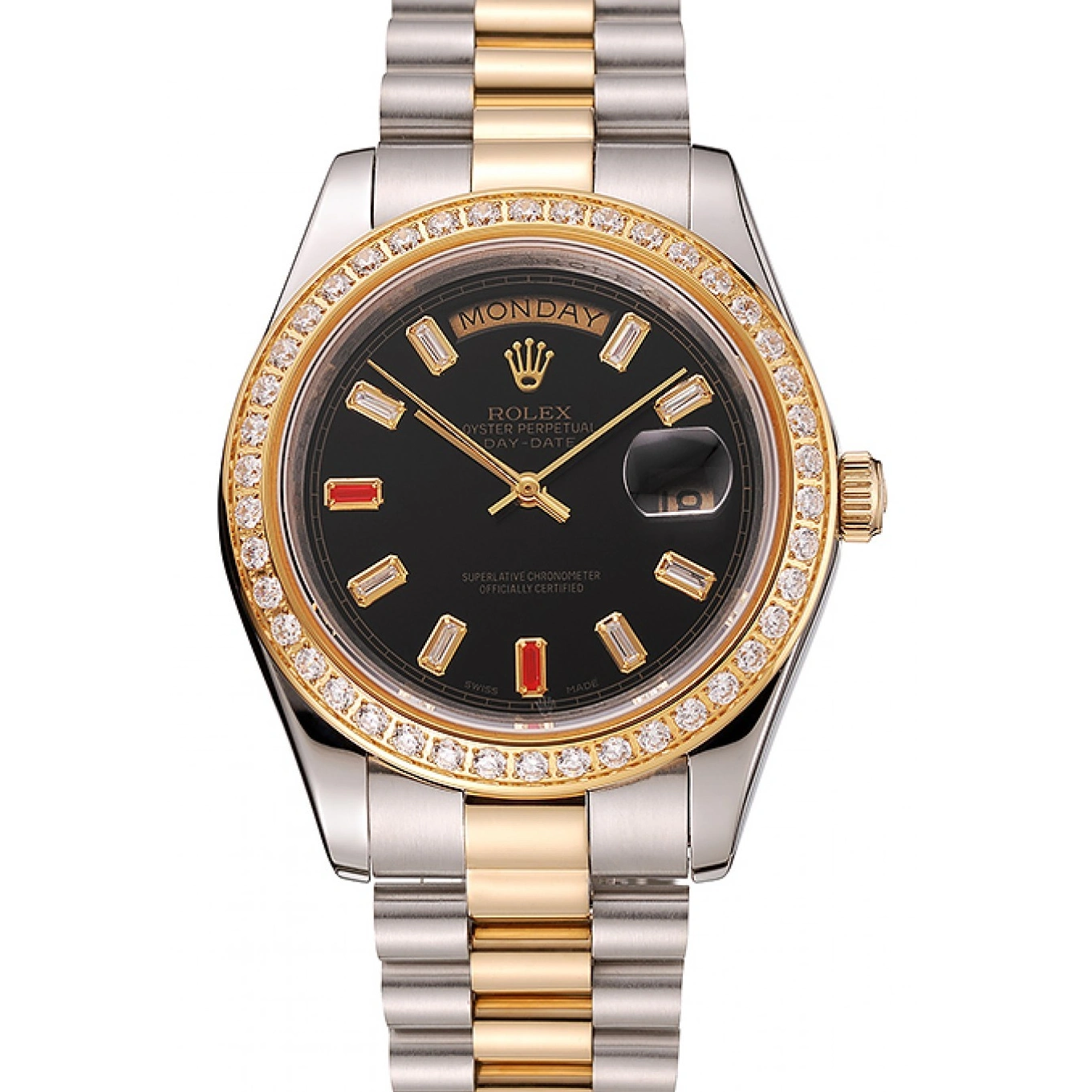 AAA replica watch 1454105 Bracelet Swiss Two Diamonds Black Rolex Dial Tone And Day-Date Rubies 1014